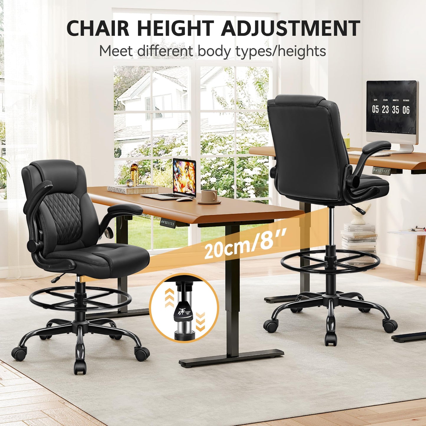 Drafting Chair,Tall Office Chair for Standing Desk,High Executive Leather Ergonomic Computer Chair with Adjustable Height and Flip-Up Armrest for Counter Height Desk,Black