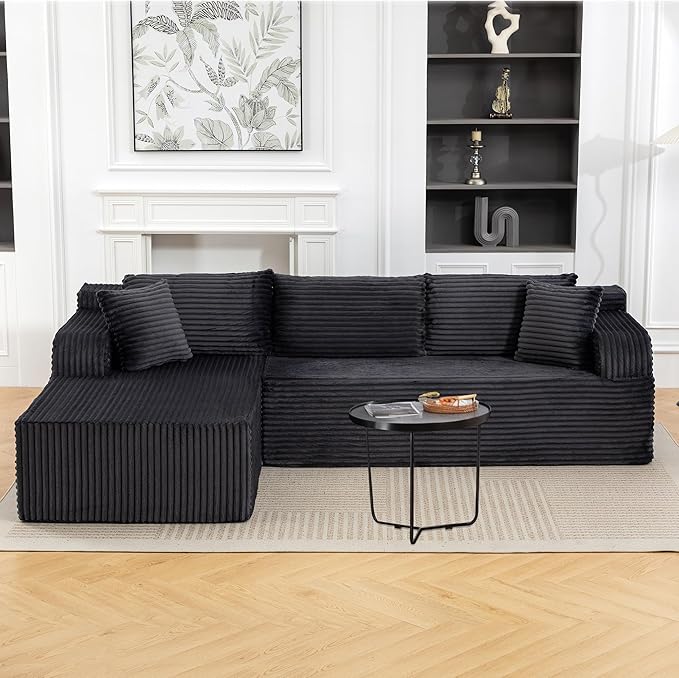 TonghuaS 106” Cloud Modular Sectional Sofa with L-Shape Chaise and Deep Seat, Corduroy Memory Foam Boneless Compressed Couch for Living Room, No Assembly Required(Left Facing Chaise, Dark Grey)