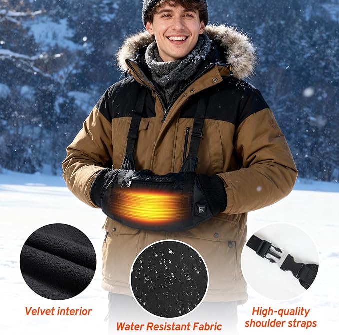 Heated Hand Warmers Pouch with 10000mAh Power Bank Included– 3 Levels Up to 14.5Hrs Double-Sided Heat, Adjustable Strap for Hunting & Camping, Waterproof Dual Pockets, Fleece Lined Survival Gear