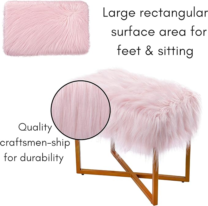 BIRDROCK HOME Rectangular Pink Faux Fur Foot Stool Ottoman with Gold Legs - Vanity Chair - Soft Compact Padded Seat - Bedroom and Kids Room Chair - Metal - Fluffy Makeup Seat Furniture