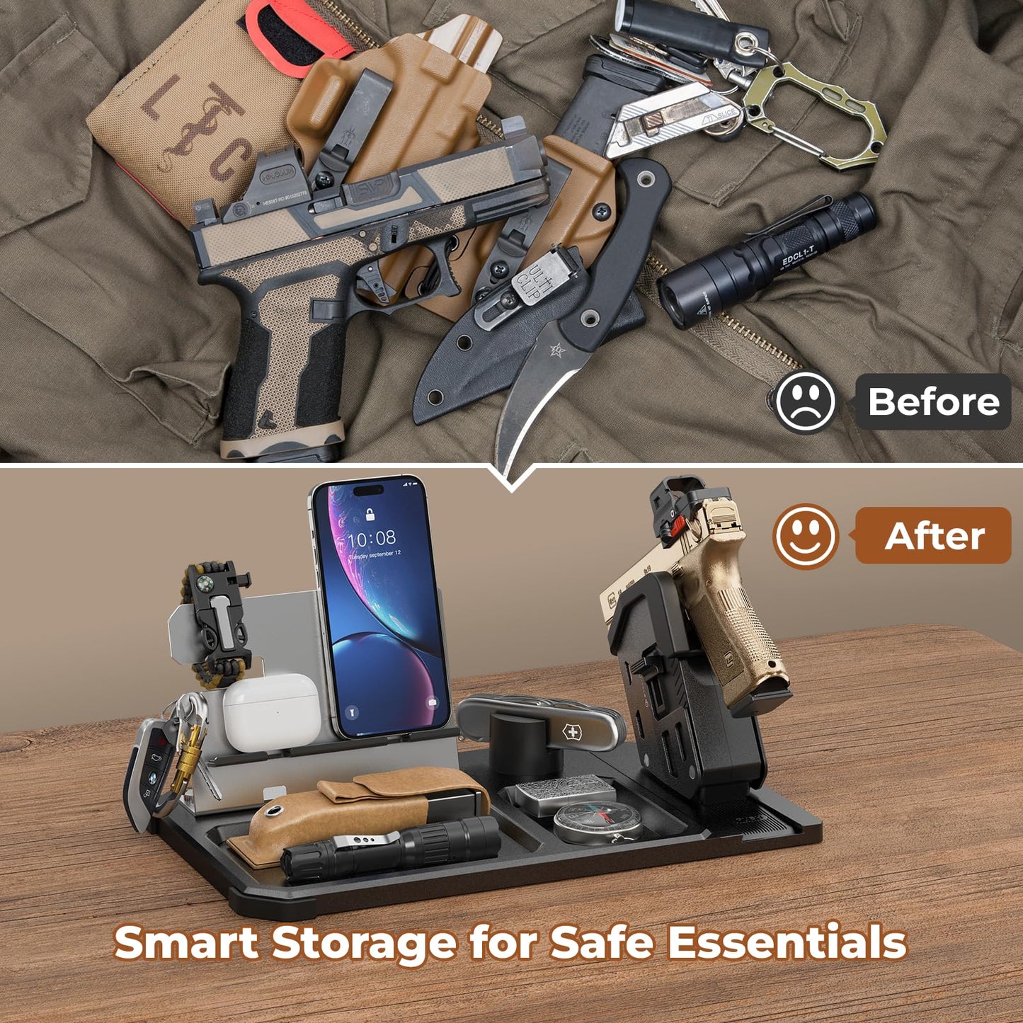 ONNAIS Gun Rack Trigger Lock - Detachable One-Hand Quick-Access Pistol Rack with Handgun Safe, All-in-One Desk & Nightstand Organizer with Phone Stand, Gun Accessories & Birthday Gifts for Men