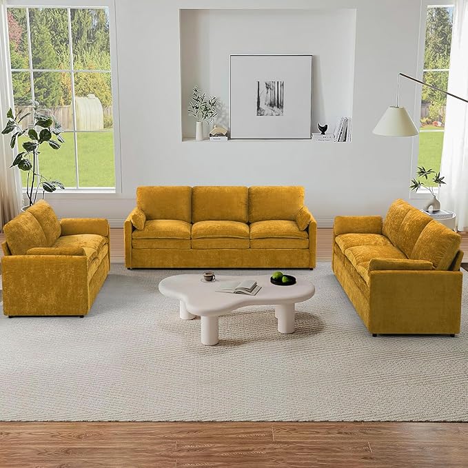 ACMEASE 3 Pieces Chenille Sofa Set w/Arm Pillows, Upholstered Loveseat & 2 Pieces 3 Seater Sofa w/Comfortable Back Cushions, Modern 2-Seat & 3-Seat w/High-Density Foam for Living Room, Yellow