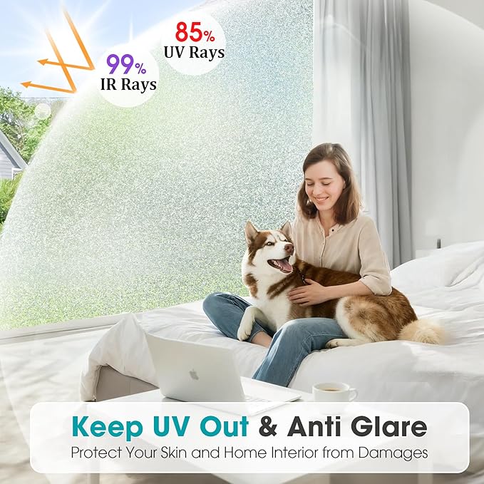 Coavas Window Privacy Film Frosted Glass Static Clings, Decorative Bathroom Door Privacy Film Day and Night, Heat UV Blocking Anti-Glare Frosting Stickers Renter Non-Adhesive, 23.6x118.1 Inch, Silver