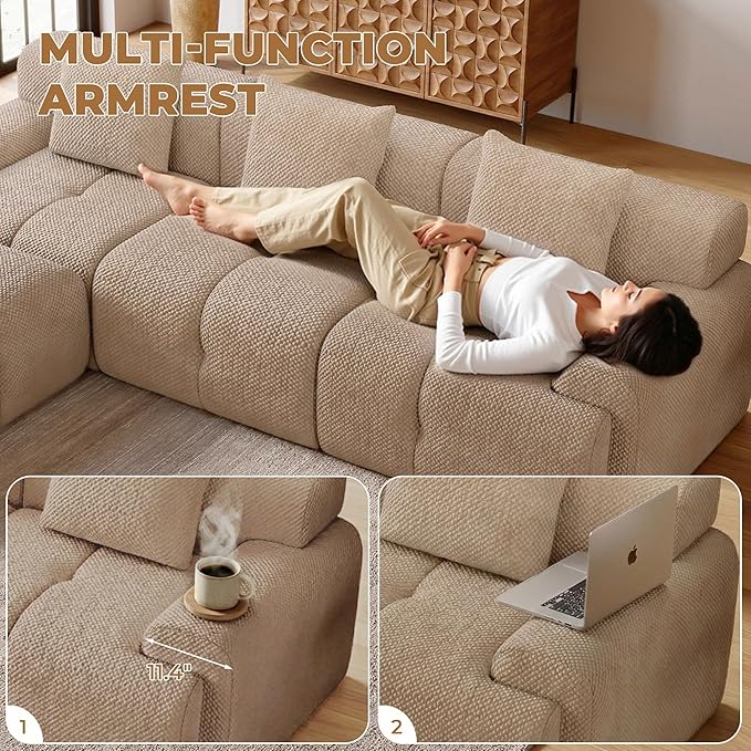 73" Modern Modular Sectional Sofa, 2 Seater Convertible Chenille Cloud Couch Sofa Set, Boneless Couches for Living Room with Ottoman, No Assembly Required, Brown