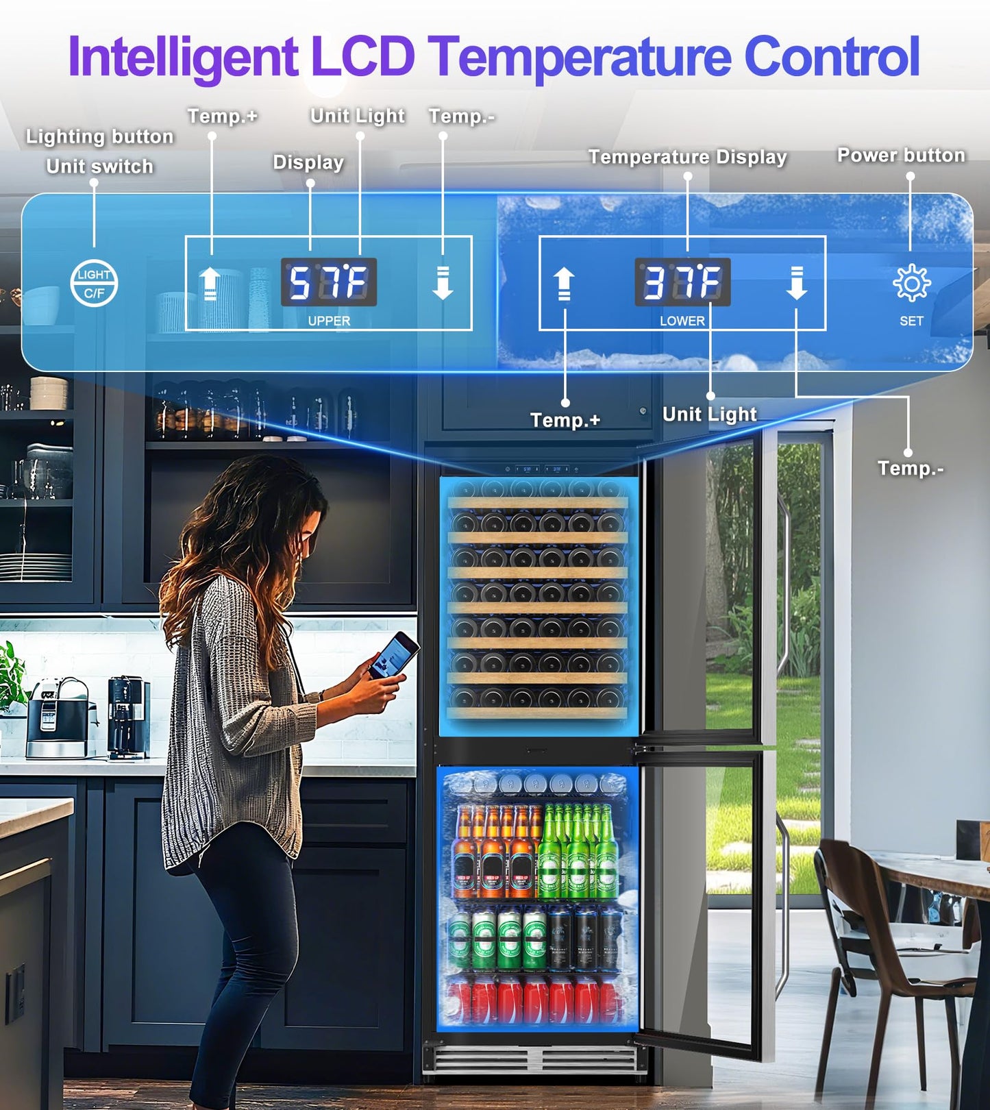 2 IN 1 Wine and Beverage Refrigerator 24", Dual Zone Wine Cooler with Safety Lock, Built-in/Freestanding Beverage Cooler for 77 Bottles 150 Cans, Quiet & Constant Fast Cooling for Home Kitchen Bar