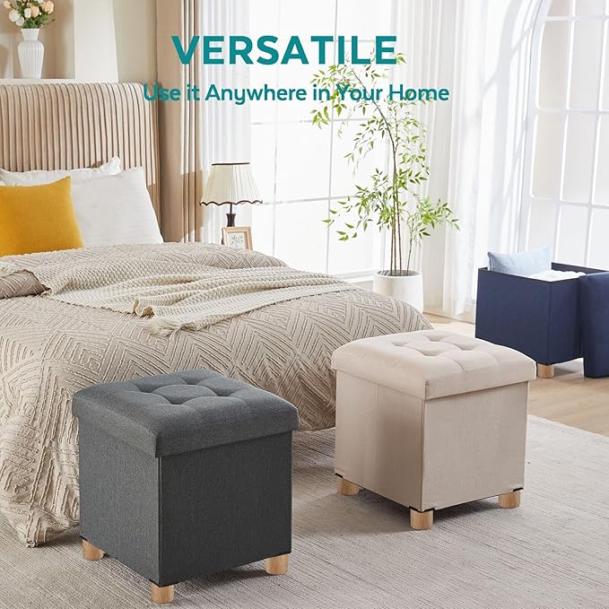 BRIAN & DANY Ottoman with Storage, Square Storage Ottoman for Dorm, Linen Folding Ottoman Foot Stool with Legs for Living Room and Bedroom, 17.7"x17.7"x20" - Gray