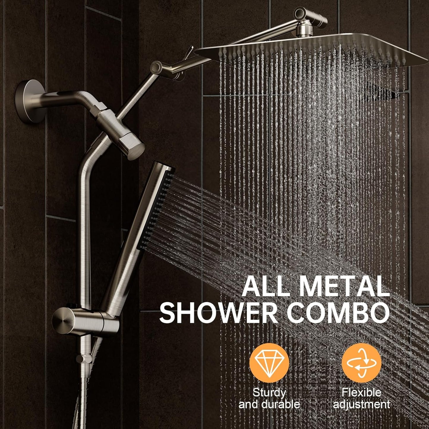 Veken 10" Luxurious Brushed Nickel All Metal Rain Shower Head with Handheld Spray Combo, High Pressure Rainfall Square Shower Heads with Extension Arm, Wide Dual Showerhead, Bathroom Accessories