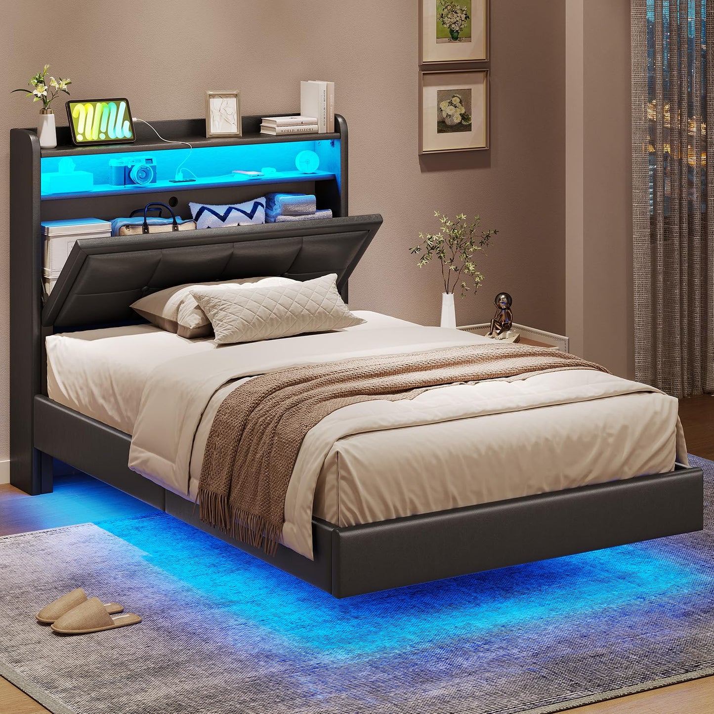 Twin Size Floating Bed Frame with Tufted Storage Headboard, LED Upholstered Platform Bed with 4 Charging Ports, Black Pu Leather Bed, No Box Spring Needed, Wood Slats