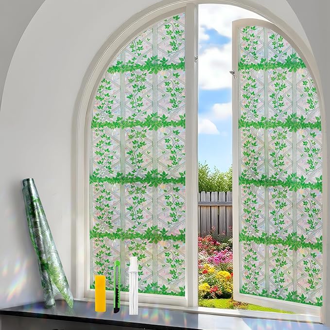 3D Rainbow Stained Glass Window Film with Green Plants Static Cling No Adhesive Privacy Decor for Home Office (Rainbow Ivy, 23.6 x 78.7 Inch)