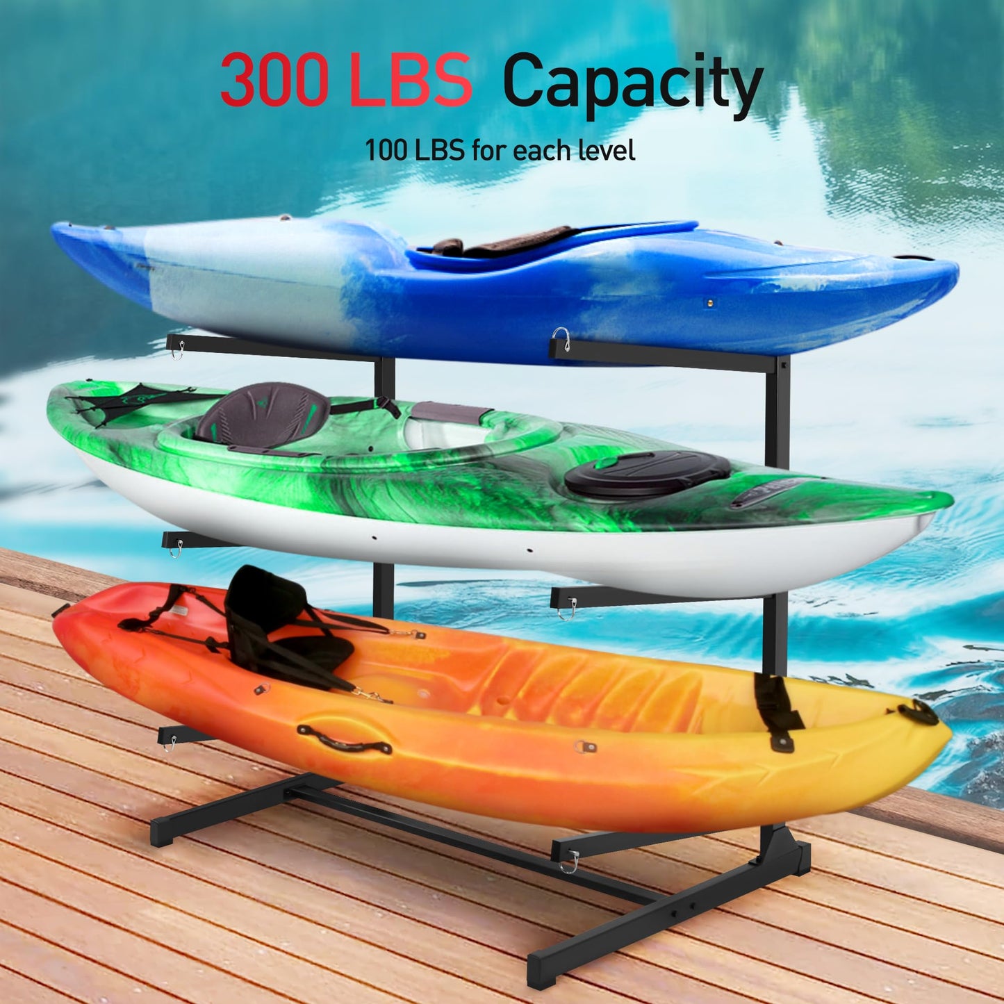 JY PERFORMANCE Kayak Storage Rack, Freestanding Kayak Rack for Outdoor Storage, Heavy Duty 3-Tier Kayak Rack for Kayaks, Canoe, SUPs, Paddleboard, Indoor Outdoor Garage Dock Shed