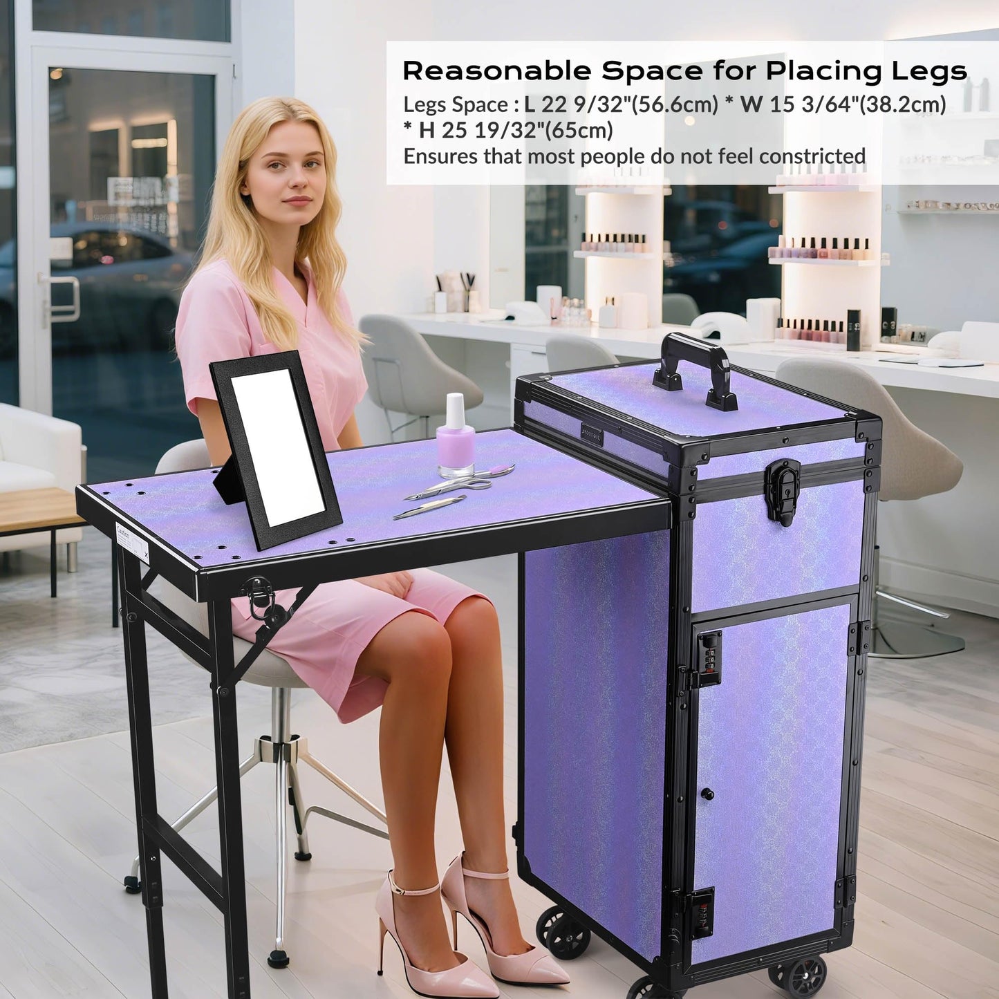 BYOOTIQUE Protable Nail Station Rolling Manicure Table Foldable Kit with 2-Tier Trays Makeup Train Case Small Travel Cosmetic Ba