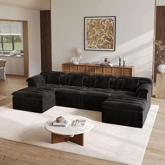 SUNG7 142" Modular Sofa with Ottoman, Boneless Cloud Couch with Deep Seat, Comfy U-Shape Corduroy Couches for Living Room, No Assembly Required, Black