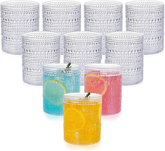 YOUBET 24PCS Plastic Hobnail Drinking Glasses - 14 Oz Clear Vintage Glasses Drinkware - Disposable Beaded Cups for Juice, ...