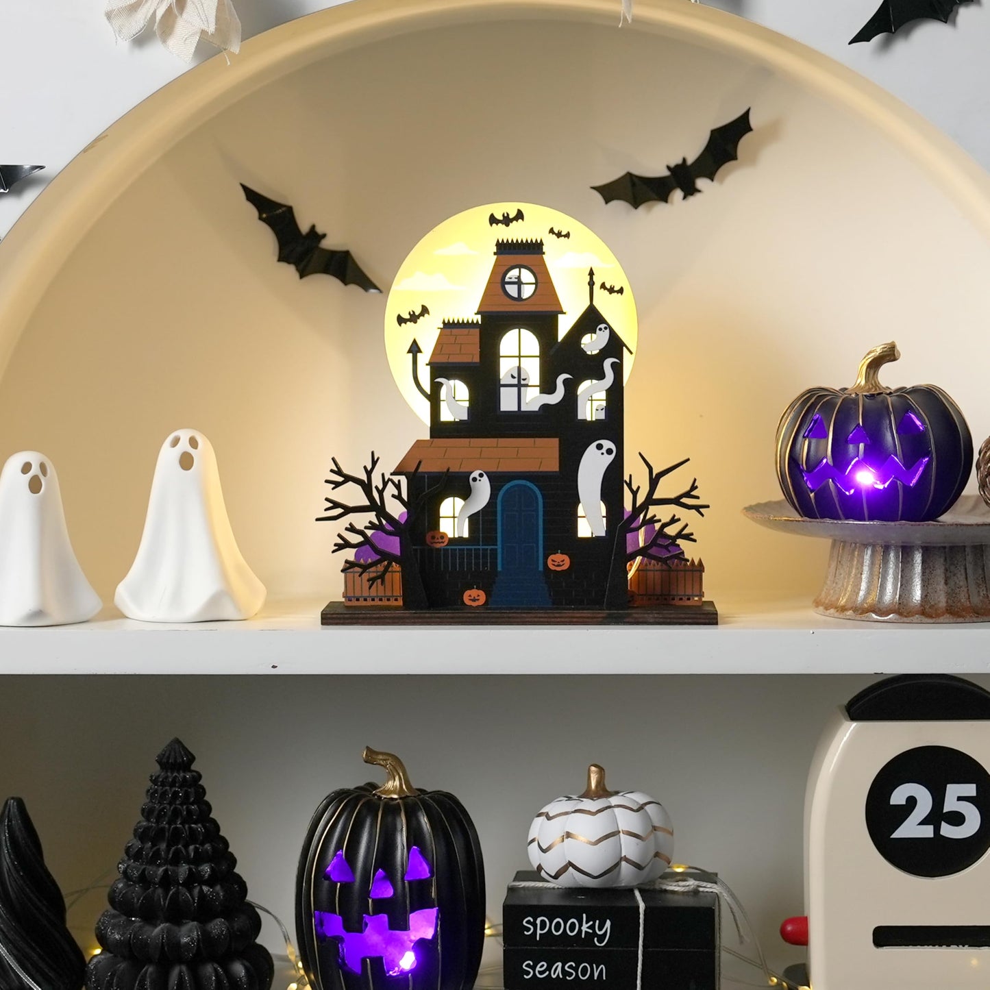 FESTGLOX Halloween Haunted House Decorations, Detachable Light Up Ghost House, Wooden Halloween Tabletop Decorations, Battery Operated Lighted Houses Village Indoor Spooky Decor