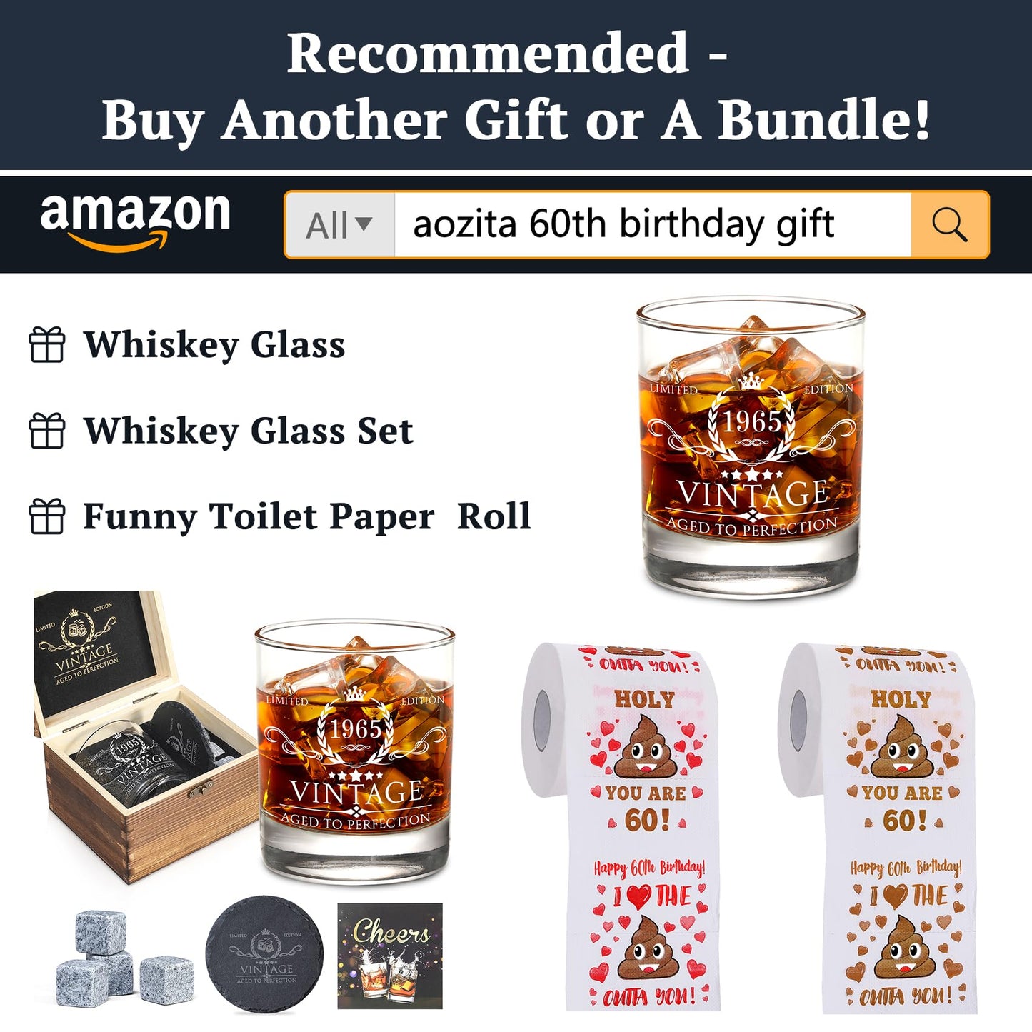 60th Birthday Gifts for Men Whiskey Glass Set - 60th Birthday Decorations, Party Supplies - 60 Year Anniversary, Bday Gifts Ideas for Him, Dad, Husband, Friends - Wood Box & Whiskey Stones & Coaster