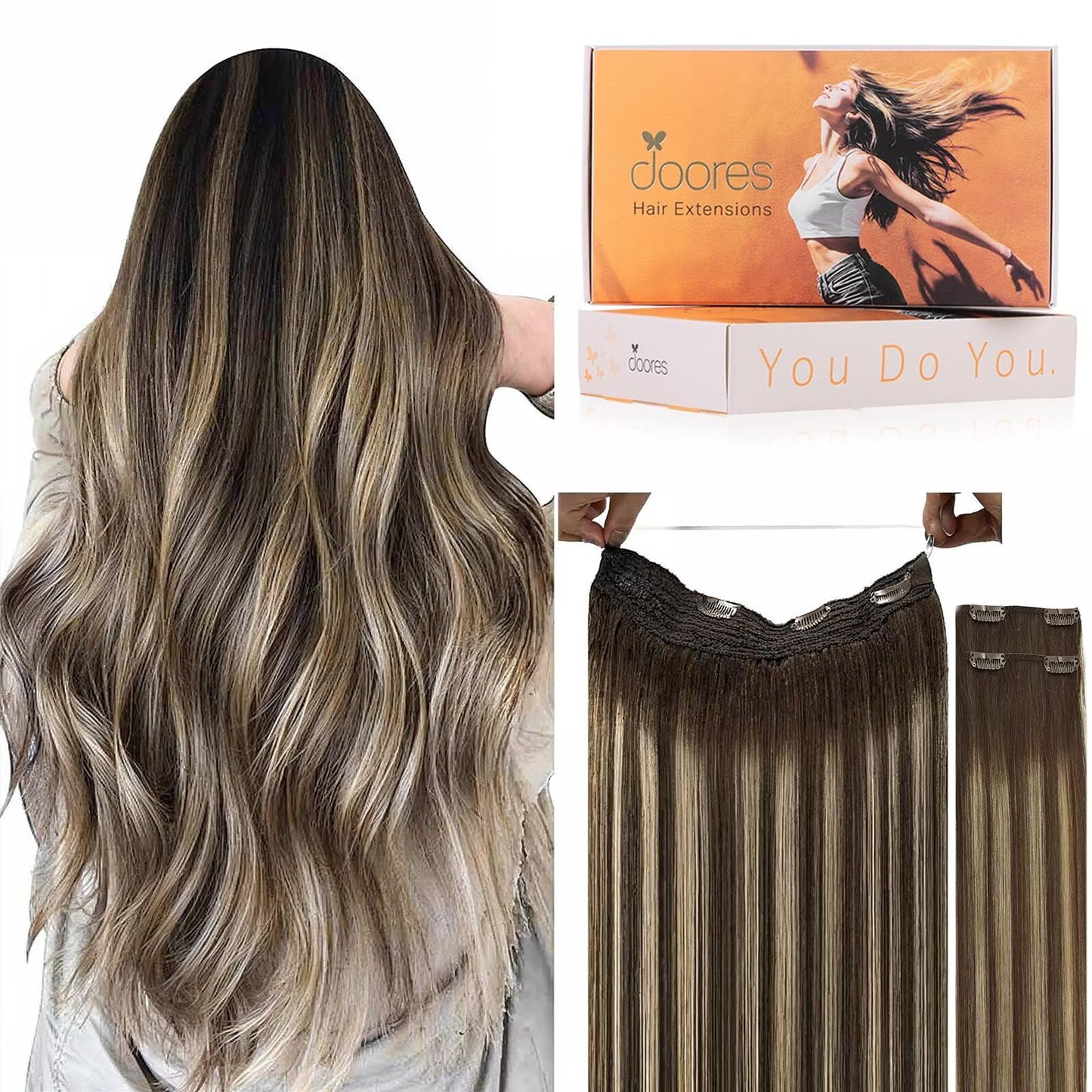 DOORES Wire Hair Extensions, Balayage Chocolate Brown to Honey Blonde 22 Inch 120g Fish Line Weft Extensions and 2pcs 30g Clip i