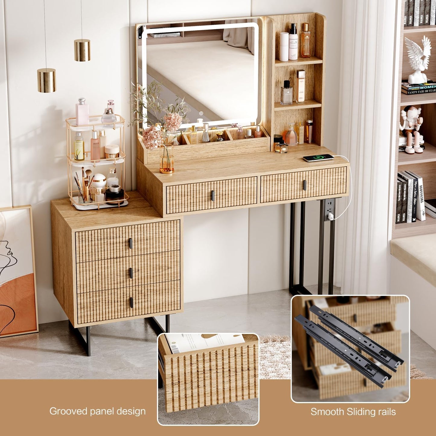 Large Vanity Desk with 3 Color Touch Screen Dimming Mirror, Vanity Desk with Charging Station, Modern Retractable Makeup Dressing Table, Makeup Table With storage shelves and 5 Sliding Drawers, Oak