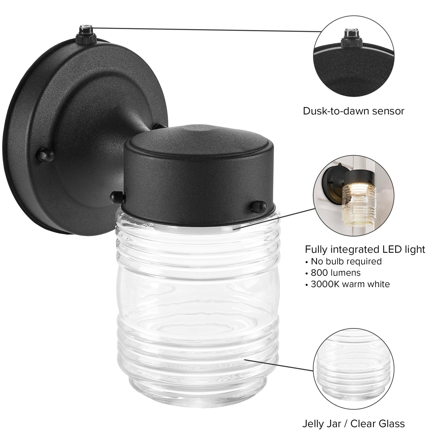 Maxxima Outdoor Wall Lantern Light Fixture, Enclosed Clear Ribbed Glass Jelly Jar Exterior Light, Black Finish, Dusk to Dawn Sensor, 800 Lumens, Photocell Sensor, 3000K Warm White
