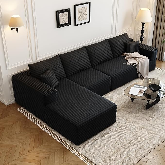 135.4" Cloud Modular Sectional Sofa Couch with L-Shape Chaise,Modern Minimalist Upholstered Couches for Living Room Bedroom,Deep Seat Corner Couch，No Assembly Required (Black,Left Facing Chaise)