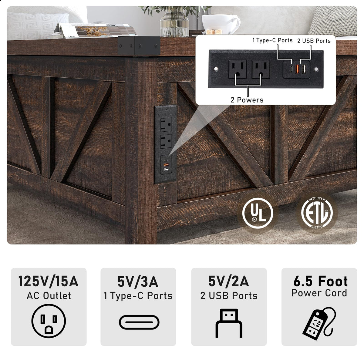 jimeimen Farmhouse Lift Top Coffee Table with Storage, Wood Square Center Table with Charging Station&USB Port, Living Room Table w/Large Hidden Space, for Living Room, Bedroom, Home Office, Brown