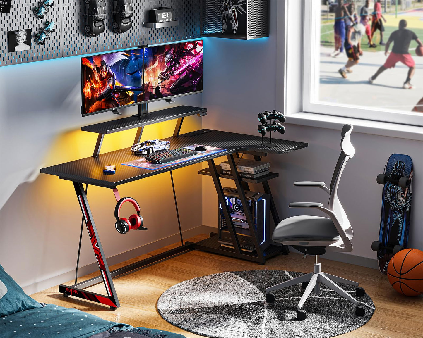 MOTPK Gaming Desk with LED Lights & Power Outlets, 55 Inch L Shaped Gaming Computer Desk with Storage Shelf & Monitor Stand, PC Table with Carbon Fiber Texture, Black