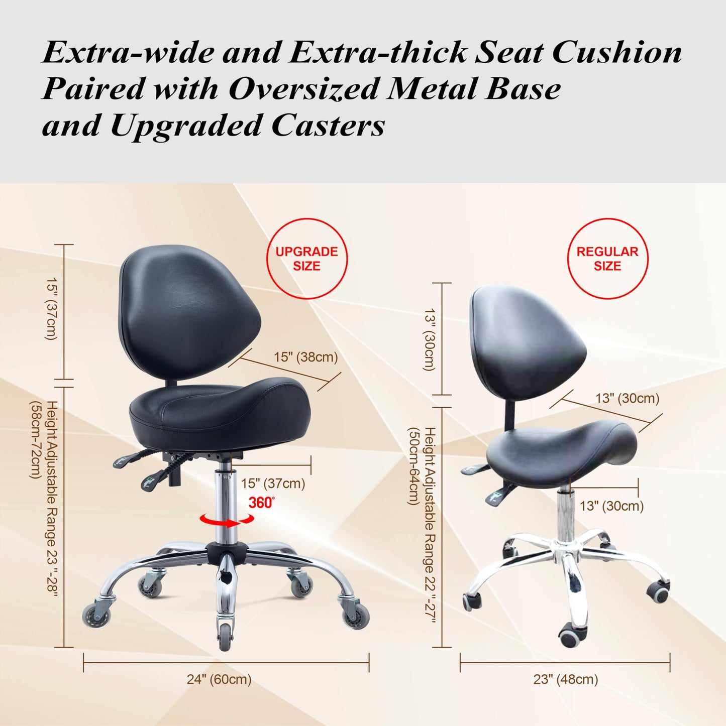 Saddle Stool with Adjustable Lumbar Support - Heavy Duty 400LB Hydraulic Rolling Stool Chair with Backrest, 19"-25" Height Adjustable with Quiet Wheels for Salon, Dental, Tattoo, Massage, Home Office