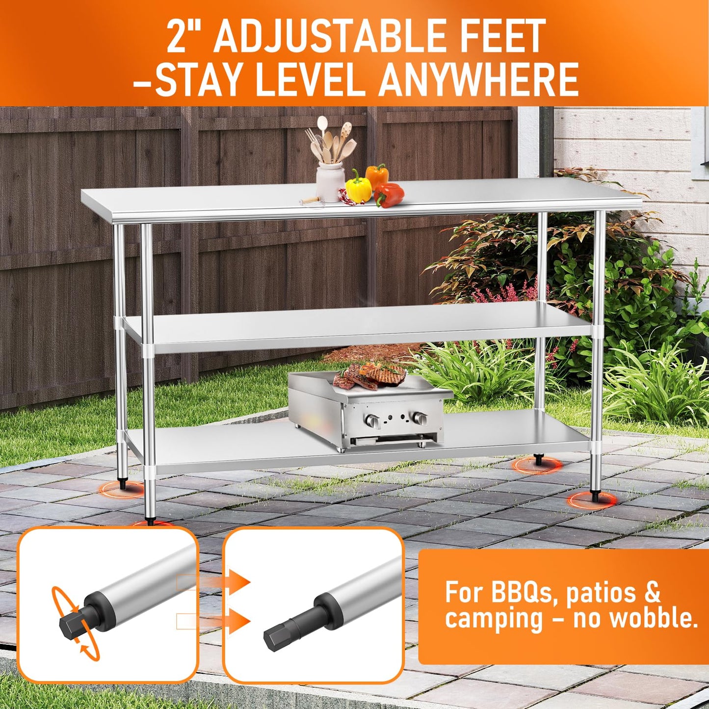 HOCCOT Stainless Steel Table for Food Prep & Work 24 x 60 inches with 2 Adjustable Undershelves, Commercial Workstation in Kitchen, Garage, Outdoor BBQ