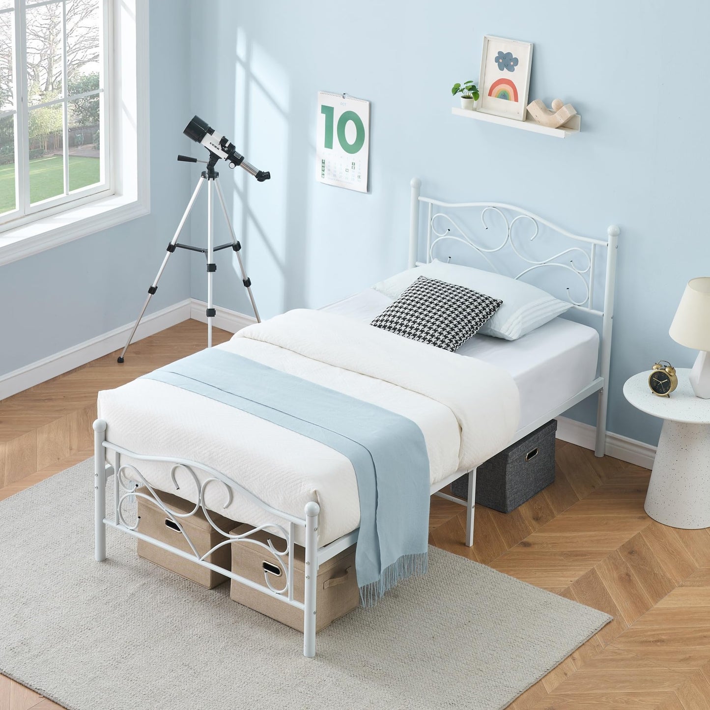Garvee Twin Bed Frames, Twin Size Bed Frame with Headboard, Heavy Duty Mattress Foundation with Steel Slats Support, No Box Spring Needed, White