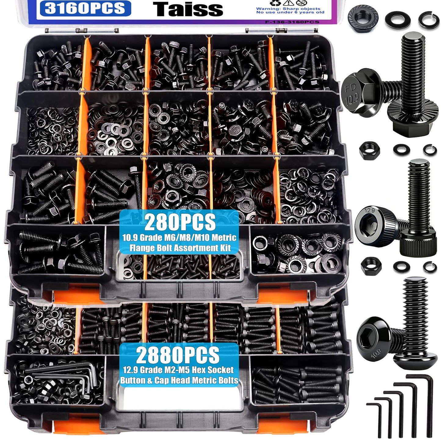 Taiss 3160PCS Metric Flange Bolt Assortment Kit,Nuts and Bolts Assortment Kit M2 M3 M4 M5 M6x1.0 M8x1.25 M10x1.5 Bolt(4-45mm) 42 Sizes Hex Socket Button & Cap Head Metric Screw 10.9 Black Zinc Plated