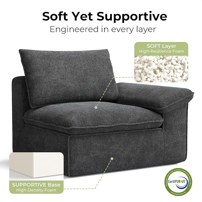 LIKIMIO 120" L-Shaped Modular Sectional Sofa, Cloud Sectional Couch with Deep Seat, Comfy Teddy Upholstery, Oversized 3-Seater with Ottoman, Boneless Couch for Living Room, No Assembly, Dark Grey