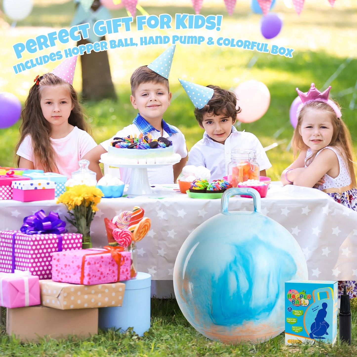 Upper Rider Clouds Hopper Ball for Kids,20 Inch Bouncy Ball with Handle,Inflatable Hopping Toys for Boys Girls Aged 6-12, Indoor Outdoor Jumping Toys Gift with Pump