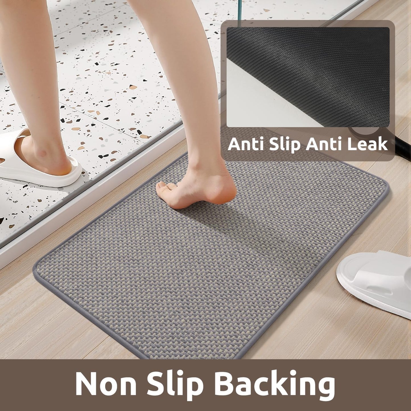 AMOAMI Chenille Bath Mat Super Absorbent Bathroom Mat Quick Dry Low Pile Bath Mats for Bathroom Washable Rubber Backed Bathroom Runners Fit Under Door, Front of Bathtub, Sink, LIGHTGREY&Beige 24"x70"