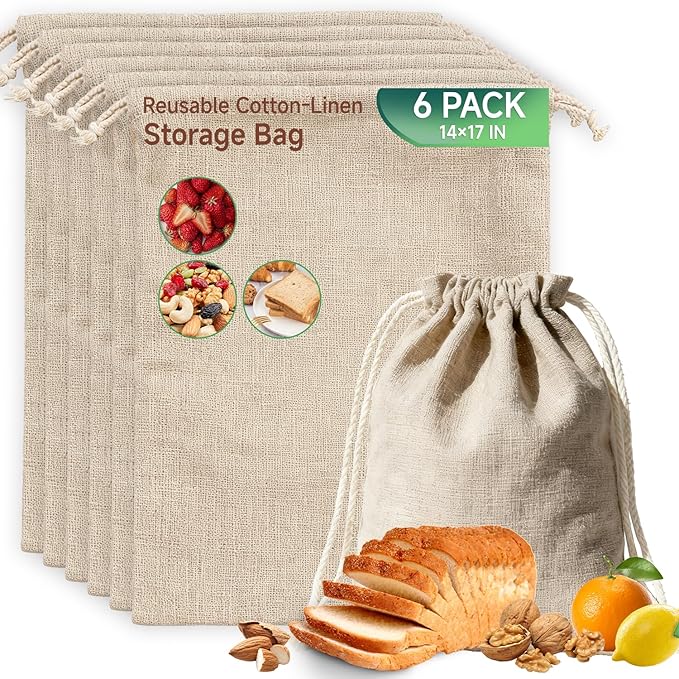 Simple&Opulence 6-Pack 14” x 17” Linen Cotton Drawstring Bags Reusable Grocery Sacks, DIY Craft Sachet Sacks Storage Cloth Bags for Party Wedding Home Bulk Produce Bags, Washable, Natual Linen
