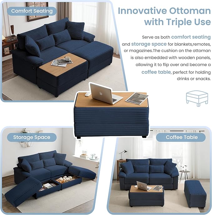 SUNWAVE 74" W Double Chaise Lounge Chair Indoor, Oversized Loveseat with Storage Ottoman, Corduroy Couch with USB Charging, Removable Ottoman, and Coffee Table Cushions for Living Room, Apartment