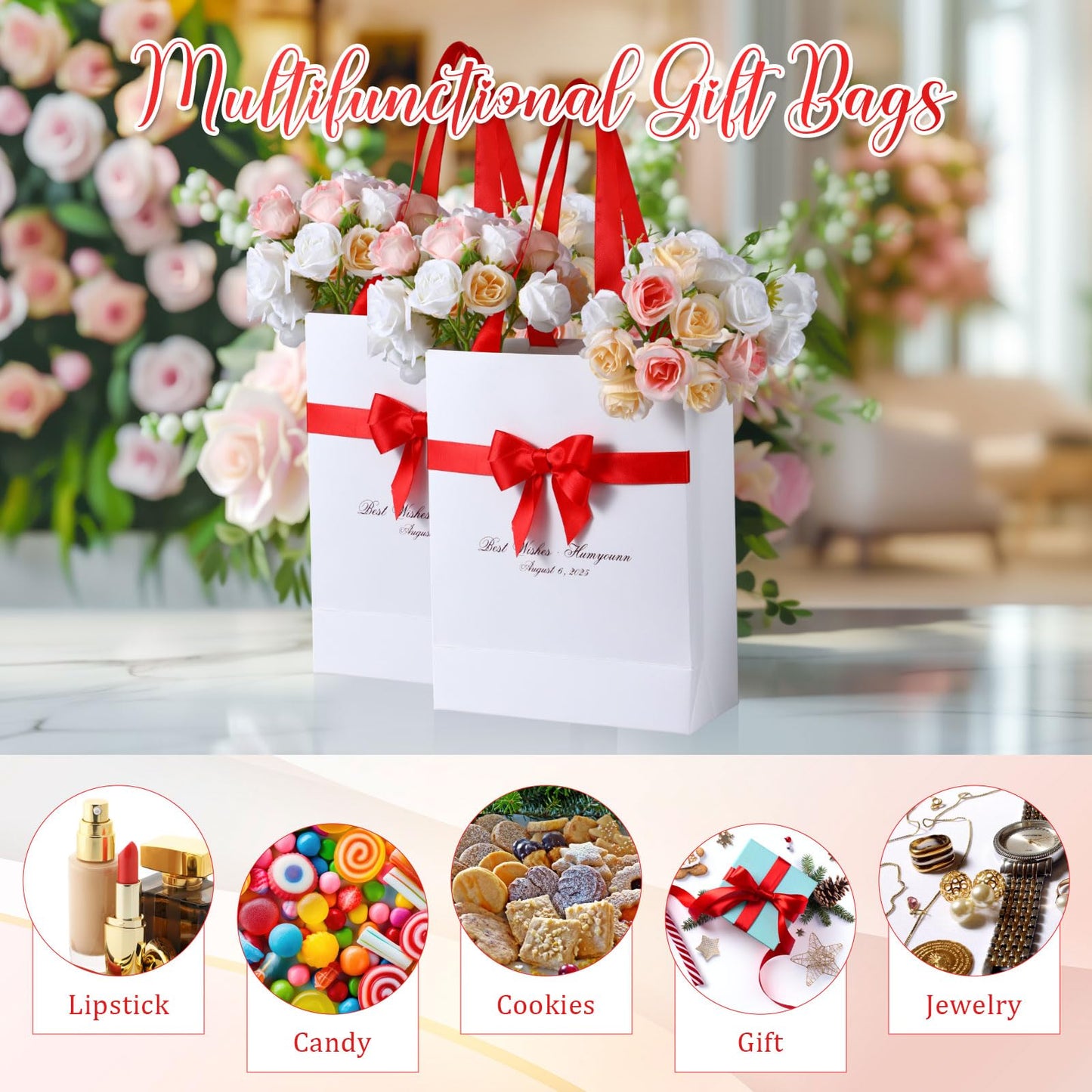 Humyoun 12 Pack White Gift Bags with Bow Ribbon 9 x 7 x 3.15'' Thank You Gift Bags Bulk with Handles for Wedding Bridal Baby Shower Birthday Housewarming Party Favor Holiday