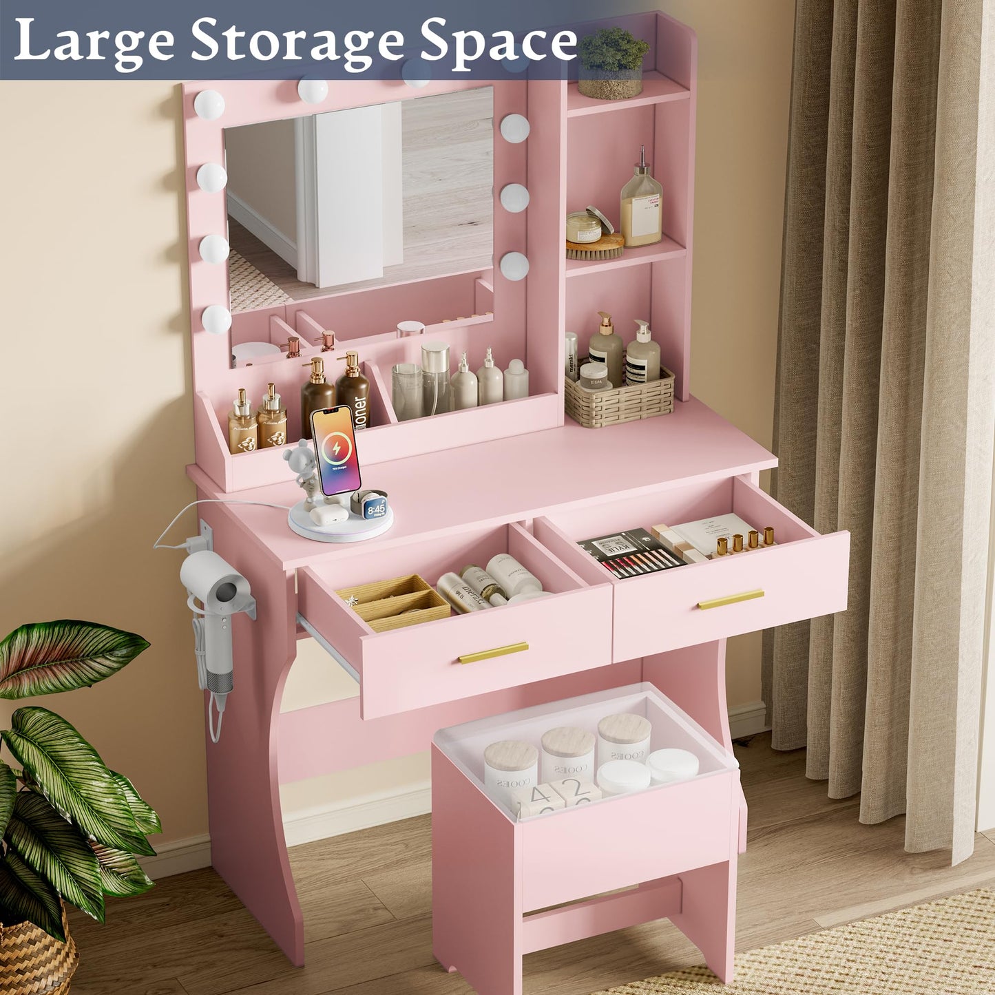 BORNOON Makeup Vanity Desk with Mirror and Lights, Small Makeup Vanity Table Set with Drawers, Power Outlet & Storage Stool, White Vanity with 3 Lighting Modes LED for Women Girls Bedroom
