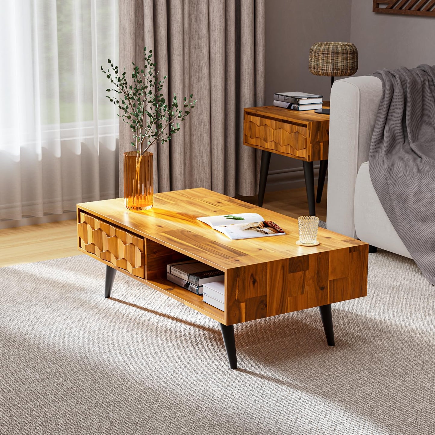 Bme Georgina Solid Wood Coffee Table, 2 Drawers & Open Shelves, Mid Century Modern Center Table, 110 cm, Teak Brown, Pre-Assembled