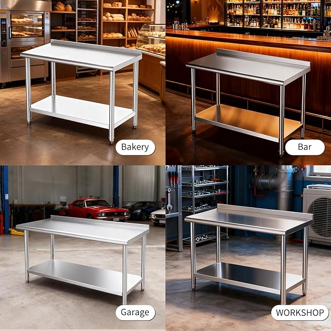 Mioleu Commercial Stainless Steel Table 48 x 24 Inches Heavy Duty Prep & Work Metal Desk with Blacksplash & Adjustable Undershelf for Kitchen Restaurant Home Garage Warehouse