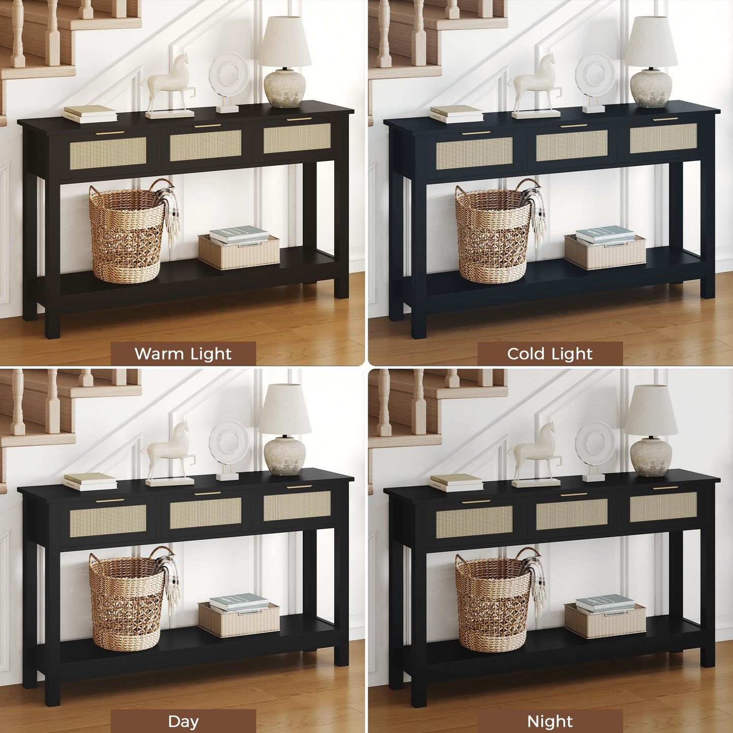 Luoxiao Entryway Console Table with 3 Rattan Drawers - Long Sofa Table Behind Couch Modern Fluted Hallway Living Room Storage Cabinet, Entry Table Open Shelf Foyer Furniture, Anti-Tip, Black, 47 Inch