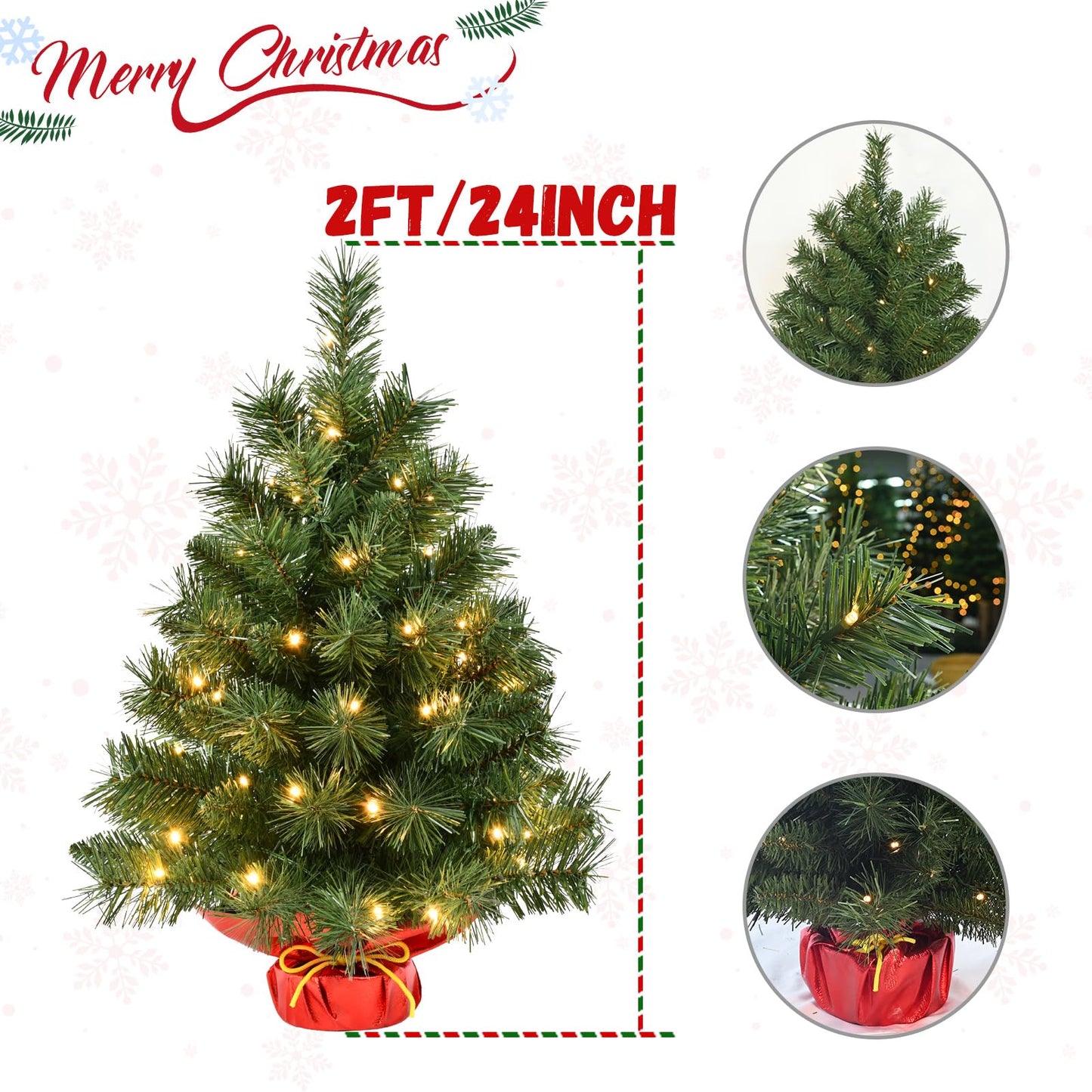 Pre-lit Mini Christmas Tree, Leeheeyee Artificial 2ft Tabletop Christmas Tree with 50 LED Lights, Battery Operated Small Xmas Tree with Burlap Base for Table Desk Home Christmas Decor