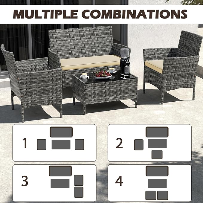 RELAX4LIFE 4-Piece Patio Furniture Set - Rattan Outdoor Conversation Bistro Set w/Cushions, Glass Coffee Table, Wicker Chairs & Loveseat for Garden Backyard Porch Balcony (1, Mix Grey-Beige)