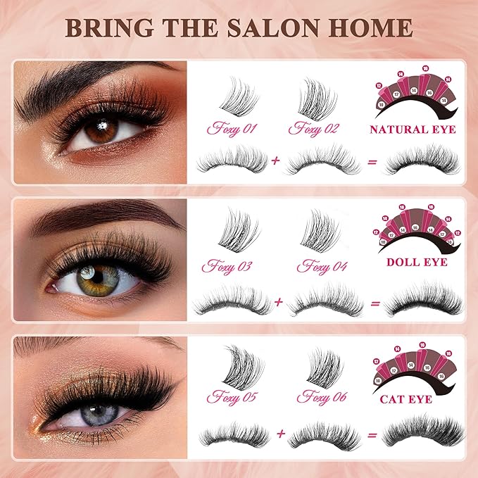 Foxy Beauty Lash Clusters Kit - 432Pcs Fluffy Eyelash Extension Kit 12-20mm D Curl Clusters Soft Comfortable With Bond Seal Remover Applicator