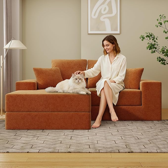 Cloud Modular Sectional Sofa, Comfy Boneless Couch for Living Room, Modern L-Shaped Couch with Reversible Chaise, Customizable Sleeper Sofa with Non Slip, No Assembly & Deep Seat, Orange