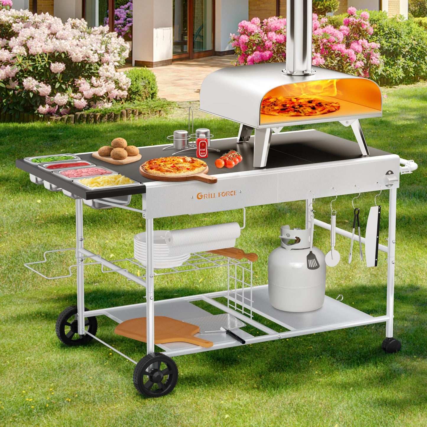 GRILL FORCE Pizza Oven Table with Topping Station, Outdoor Pizza Oven Cart, Grill Table for Outside, Grill Cart, Food Prep Work cart Fits for Ninja Woodfire Grill, Blackstone Griddle,Tabletop Grill