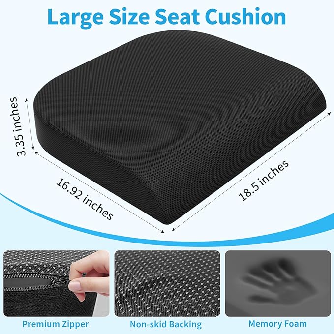 TranquilRelax Large Seat Cushion，Soft Foam Cushion for Long Sitting Hours on Office Chair, Home & Car, Non-Slip Chair Pad for Relieving Back & Sciatica & Hip & Coccyx Pain (Black)