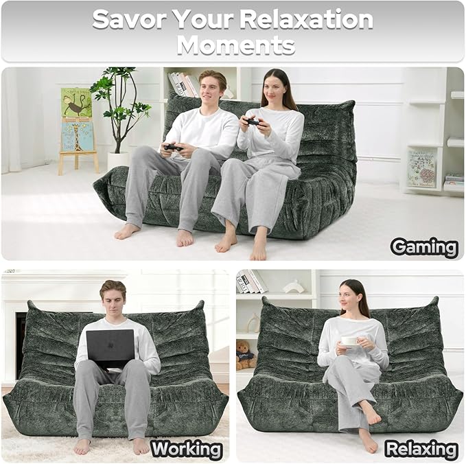 HABUTWAY Bean Bag Chair, Giant Bean Bag Chairs for Adults, Loveseat Fireside Chair, 2 Seater Lazy Bean Bag Sofa Memory Foam Couch for Living Room, Bedroom, Office (Green)