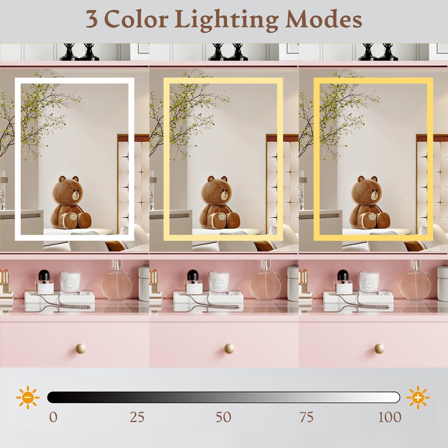 yesasin Vanity Desk with Mirror and Lights Makeup Vanity Desk with Lights 3 Colors 38" Dressing Table with Drawer and Cabinet for Bedroom Transparent Glass Top Power Outlet for Bedroom Pink