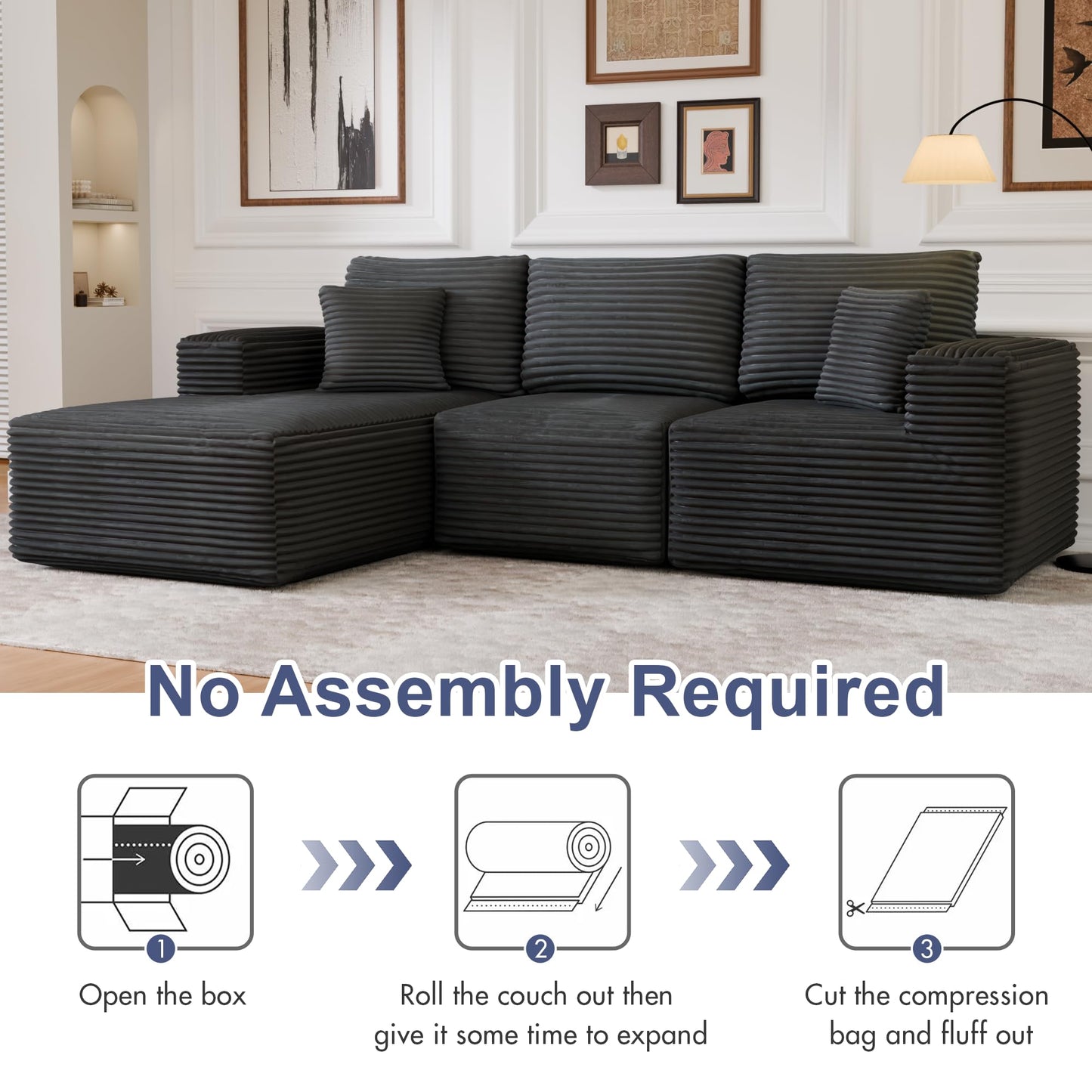 104" Modular Sectional Sofa with L-Shape Chaise, Modern Upholstered Cloud Couches for Living Room Bedroom, No Assembly Required, Dark Grey