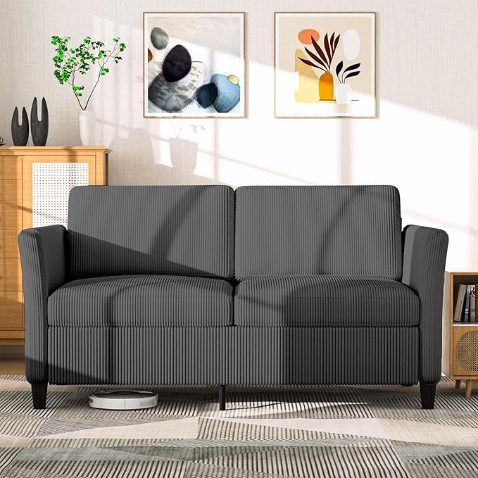 Valthie 60.6" Corduroy Loveseat Sofa, Modern Comfy Couches with Side Pocket, 2-Seater Sofa Couch for Living Room, Bedroom and Small Spaces,Grey