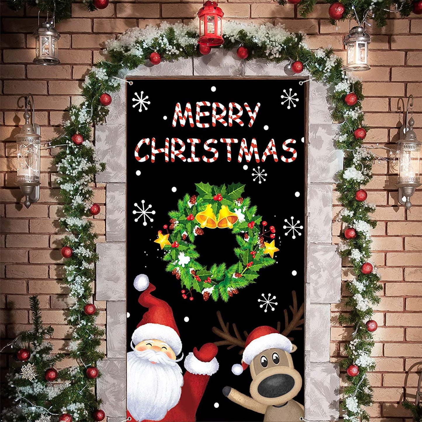 Tatuo Christmas Door Cover Santa Xmas Hanging Cover Xmas Door Cover Banner Reindeer Snowflake Santa Backdrop For Front Door Deco